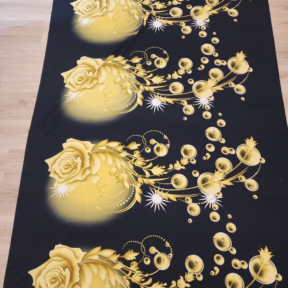 Shear Stretch Apparel Fabric Gold Rose on Black Background 58" Wide 86" Long